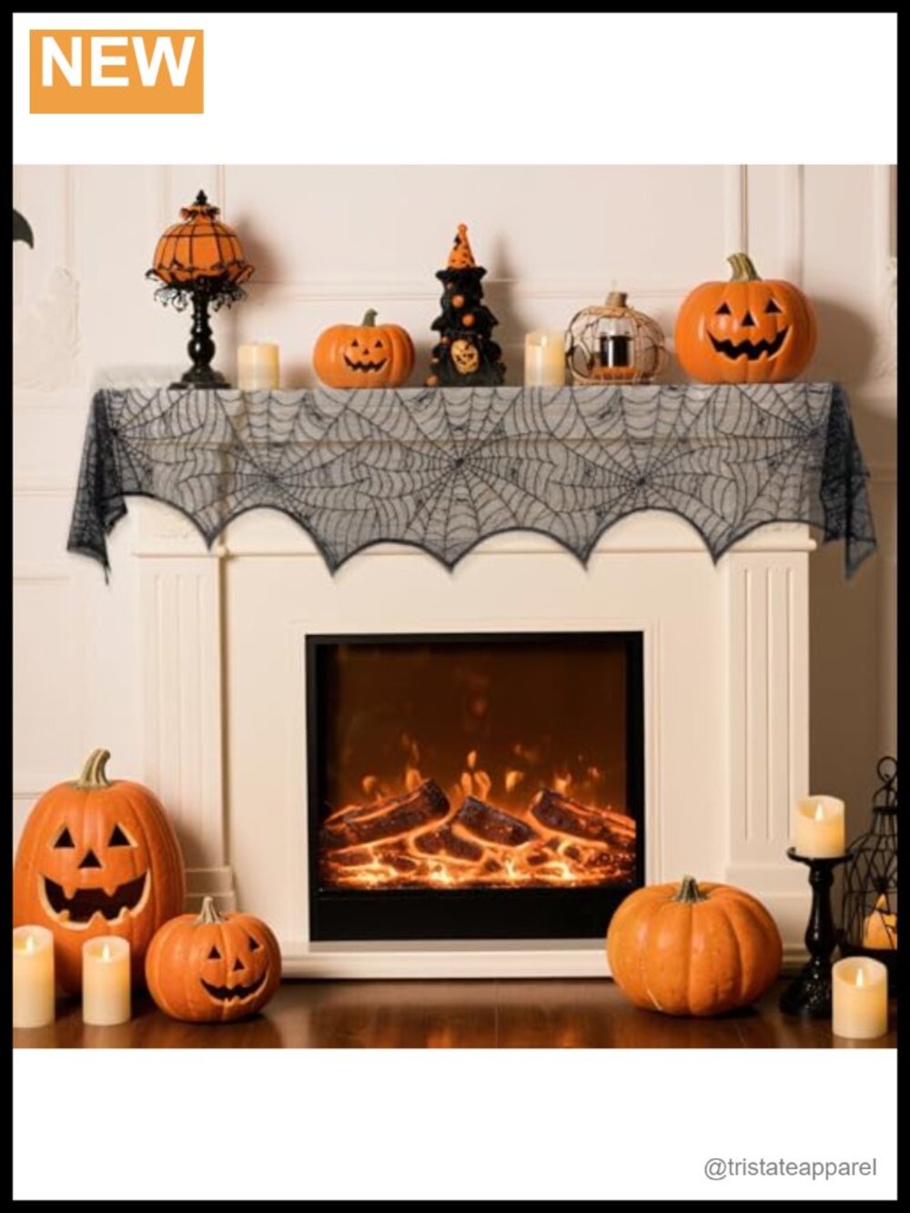 Halloween Fireplace Mantle Scarf Black Lace 96x18 Spiderweb Cover